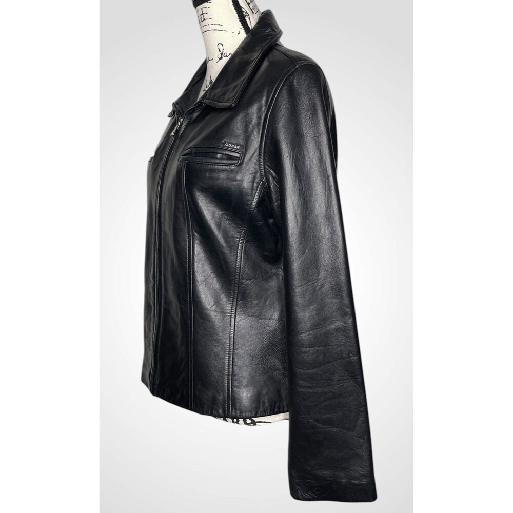 Vtg Y2K Guess Leather Bomber Jacket Womens LG Black Full Zip Biker 90s Grunge - Picture 7 of 12